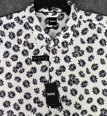 Hugo Boss Roan Performance Shirt Men's 3XL Dark Blue Floral Jersey S/S $158 NWT