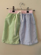 Smocked Polkadot Colorblock Seersucker Drawstring Swim Trunks- Green & Blue 8