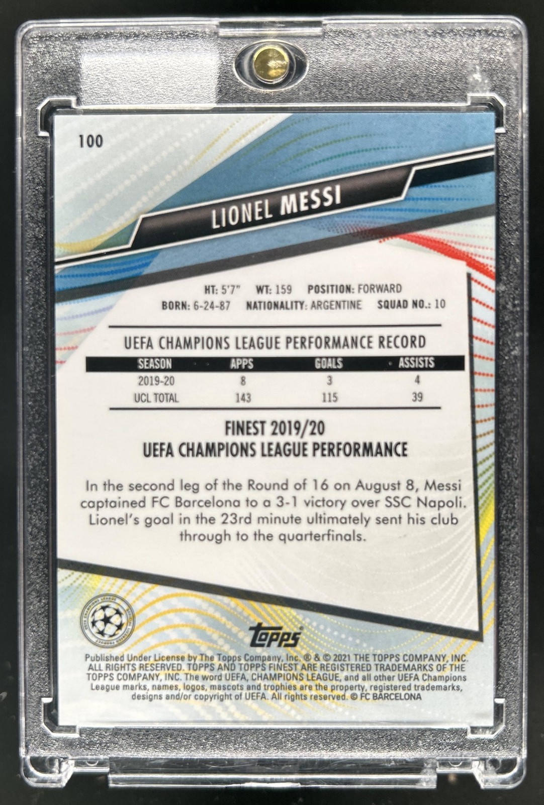 2020 Topps Finest UEFA Lionel Messi #100 Barcelona view 2