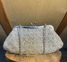 Vintage Silver Scalloped Beaded Evening Clutch Handbag With Detachable Strap
