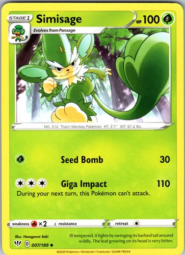 Simisage 007/189 Uncommon Regular SWSH03: Darkness Ablaze NM