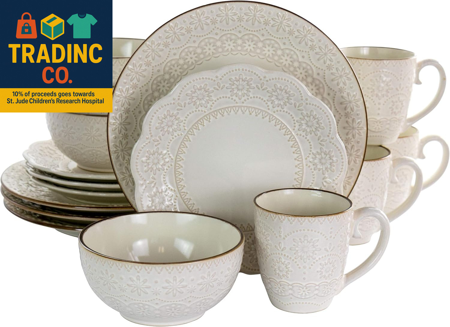 Embossed Scalloped Stoneware Dinnerware Dish Set, 16 Piece, 
