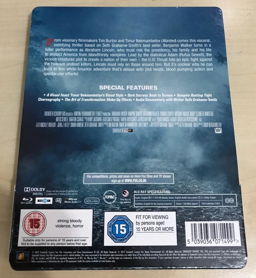 ABRAHAM LINCOLN VAMPIRE HUNTER, 2 DISK REGION B & 3D BLU RAY STEELBOOK & J CARD - Image 2 of 4