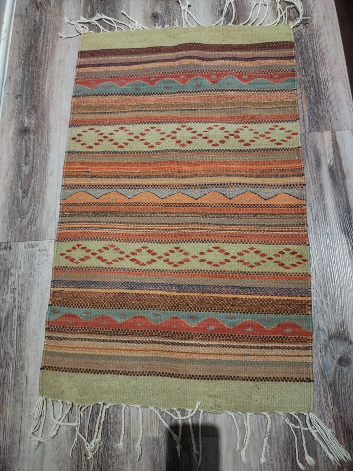 Alfombra Hecha a Mano Flecos Vintage Multicolor Rayas 22x36" Estilo Suroeste Foto 3 de 4