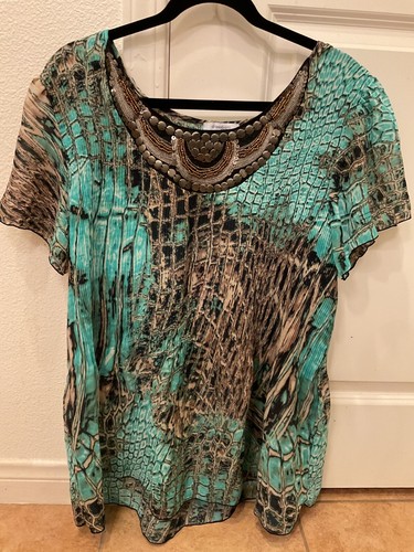 Dressbarn Teal/Black/Brown Beaded Tunic Blouse sz 3x