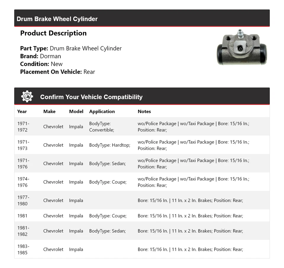 Cilindro de rueda de freno de tambor trasero 1972 1973 para Chevrolet Impala Dorman 1971-1985 Foto 2 de 3