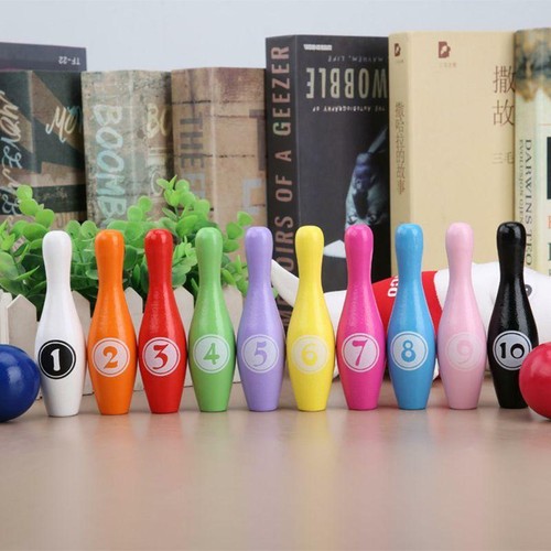 12pcs/set Wooden Color Bowling Set 10 Pins 2 Ball Bowling Game for Kids Indoor - Picture 8 of 10