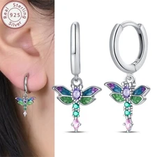 KUNSIR 925 Sterling Silver Colorful Dragonfly Dangle Earrings Women Drop Hoops