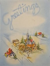 Christmas Card Vintage Village Scene Church Winter Landscape Greeting Watercolor