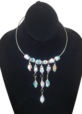 Vintage Multicolor Drop Lamp Work Glass Beads on Gold Tone Metal Choker Necklace