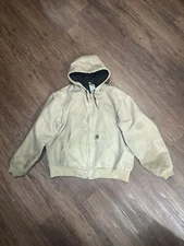 Carhartt Duck Jacket Men's Tan Canvas Hooded Lined Zip 2XL J25 SDL Distressed