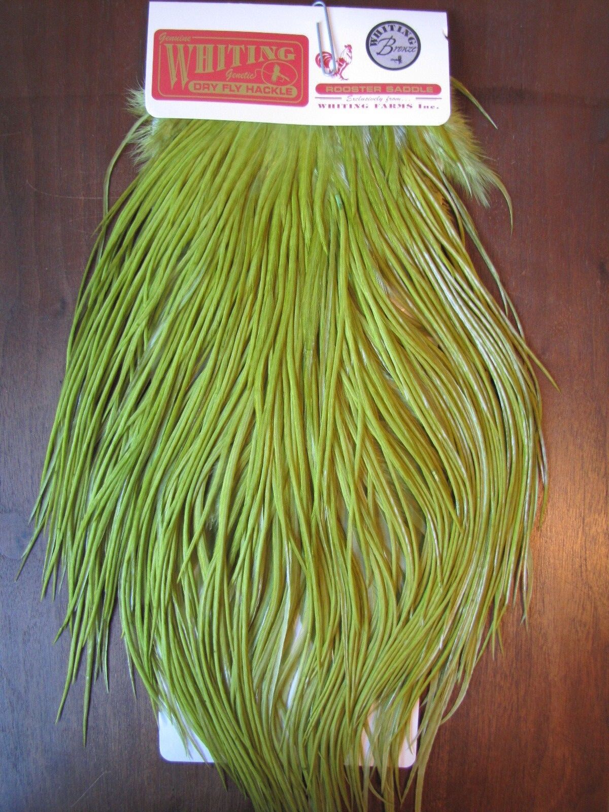 Fly Tying Whiting Bronze Rooster Saddle White dyed Olive B Fly Tying Whiting Bronze Rooster Saddle White dyed Olive B