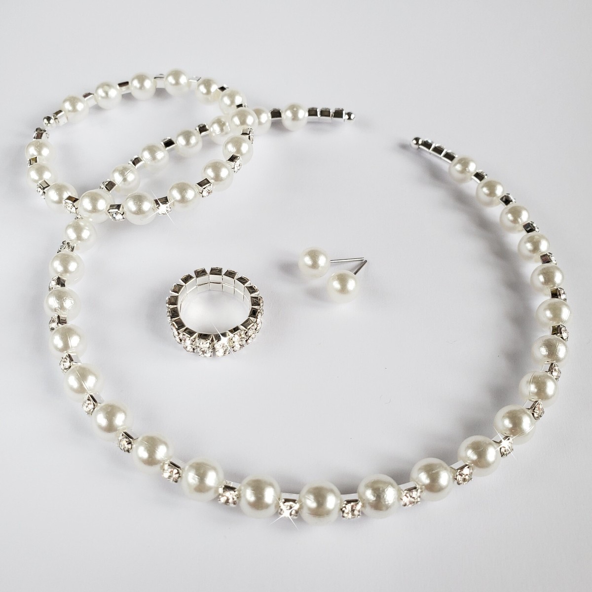 Pearl Crystal Silver Prom Jewellery Set Necklace Earrings Bracelet