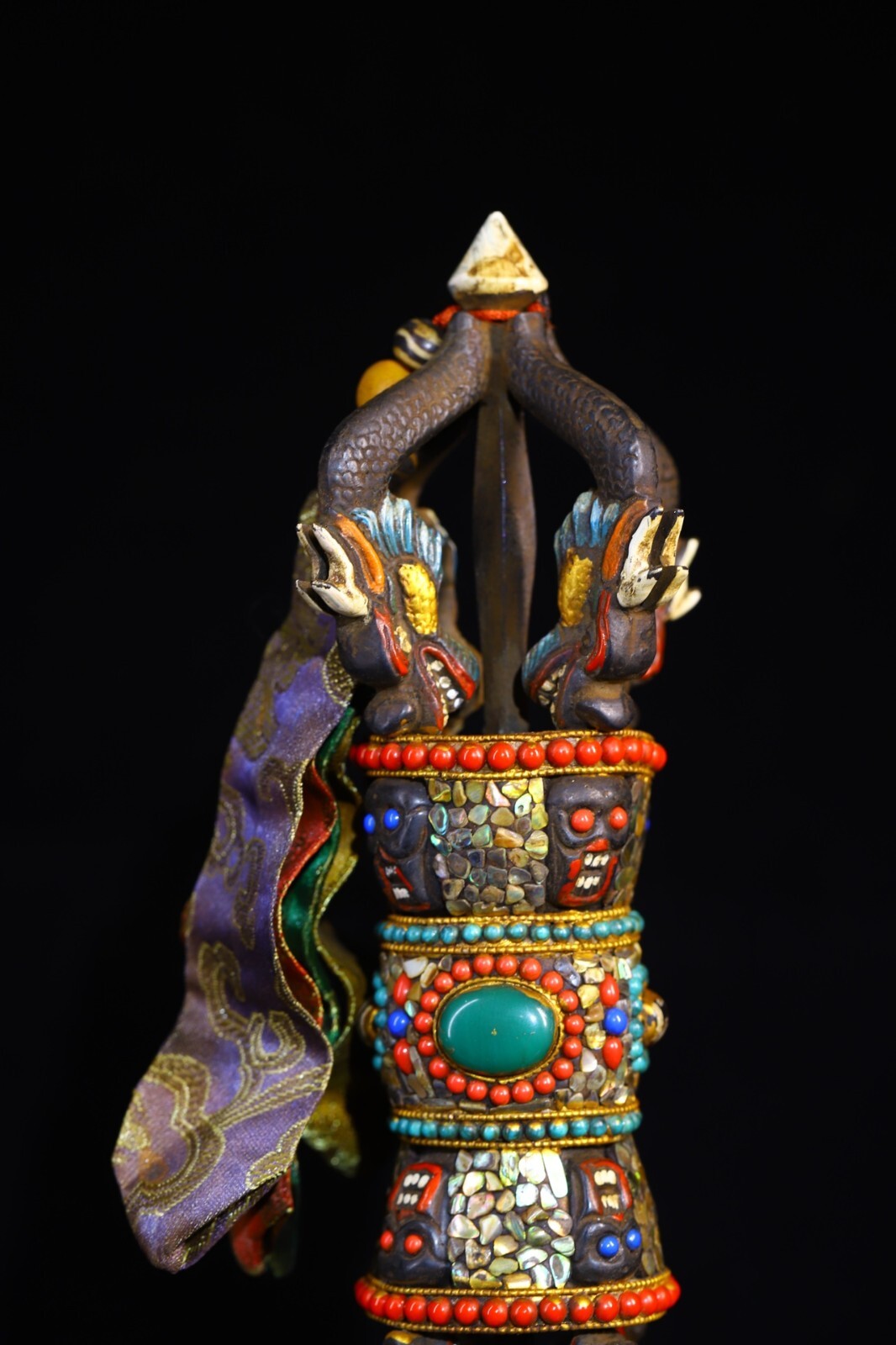 Old Tibet bronze Gilt Skull Head Weapon Trident Exorcism Holder Faqi Statue TQA