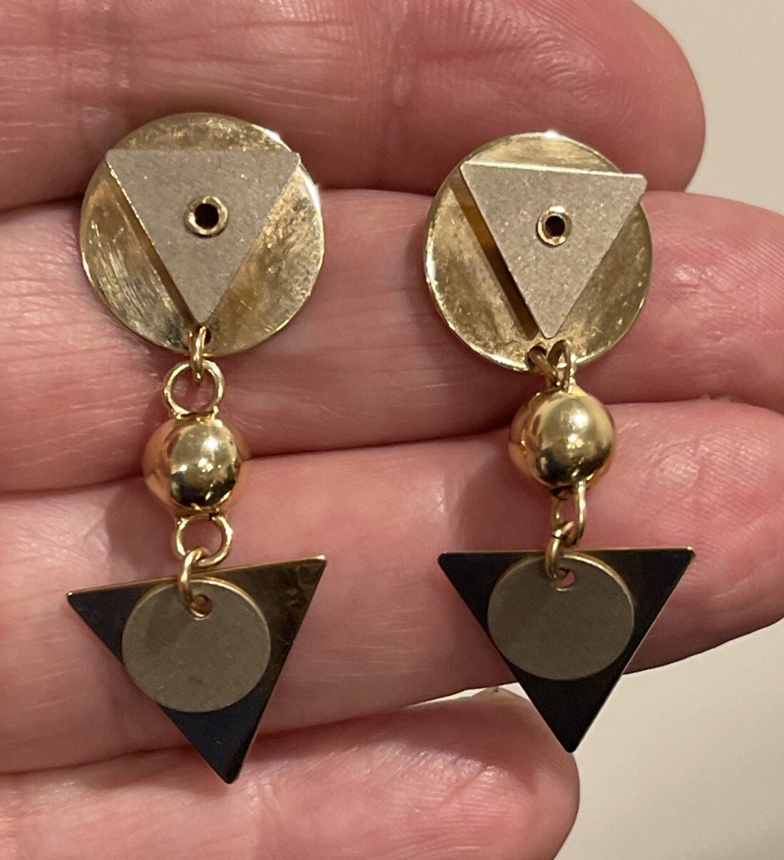 14K Solid Yellow & White Gold Dangle Earrings Geo… - image 2