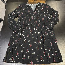 Loft Black Red Floral Long Sleeve Dress Size Large Split Neck Swing Button