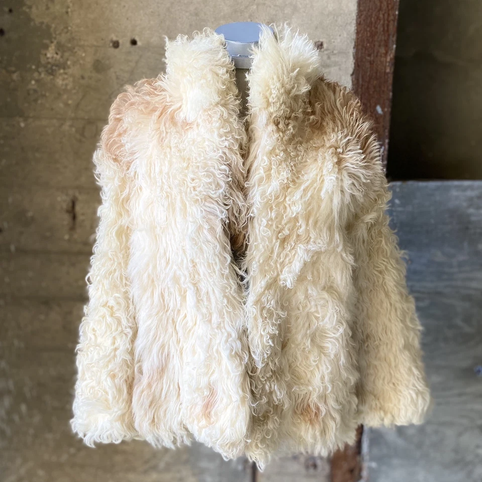 VIntage 1950s Tibetan Mongolian Lamb Curly Fur & Leather Shaggy Jacket Coat M/L - Image 3 of 4