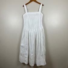 Free People Women's S Midi Dress White Eyelet Cotton Drop Waist Cottagecore NEW