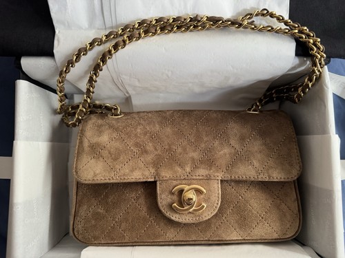 CHANEL 2026 Mini Souplissimo Flap Bag in Dark Beige Suede & Gold Tone Metal