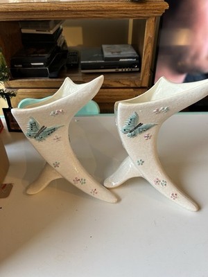 Two Hull Pottery Double CornucopiaBow Knot Vases With Butterflies