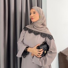 Islamic Kaftan Robe with Scarf Ramadan Lace Ruffles Abaya Muslim Female Dress