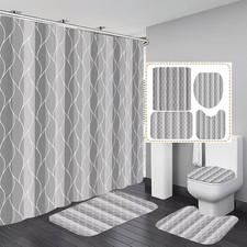 4Pcs Grey Shower Curtain Set with Rugs Stripe Bathroom Sets Geometric Wave Lines