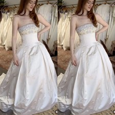 Vintage Satin Wedding Dresses Strapless Beading A Line Sweep Train Bridal Gowns