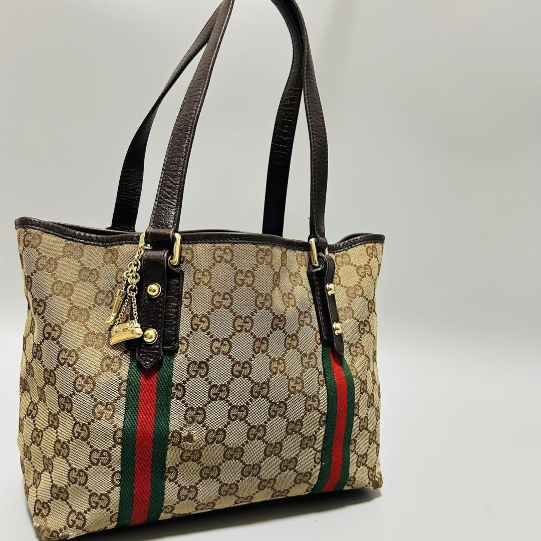Gucci GG Canvas Tote Bag with Brown Leather Trim Pre-Owned