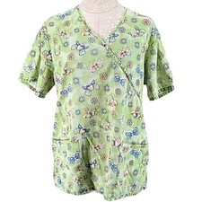 Cherokee Womens Green Printed Scrub Top With Butterfly  Floral Design V-Neck Sh