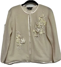 Vintage Karen Kane Lifestyle M Cardigan Ivory Lambwool Angora Ribbon  Beads