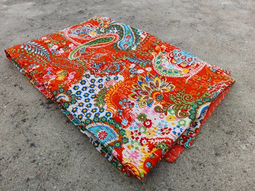 Indian Handmade Orange Paisley printed Vintage kantha Quilt Blanket Gudari Throw - Picture 2 of 5