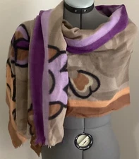 Tiara accessory shawl beige purple orange floral motif wool fringe 71" x 36"