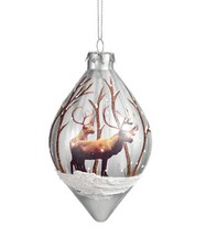 Glass Christmas Tree Ornament Finial Shape with Painted Deer in Snow, Glitter 5"