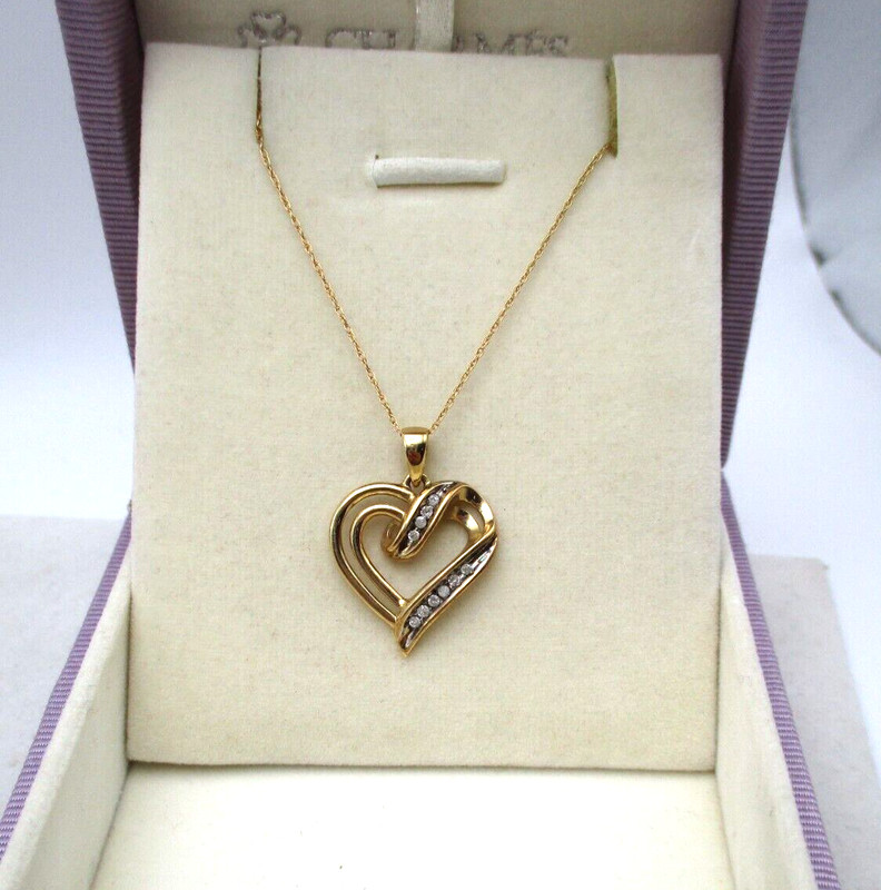 10K Yellow Gold 10 Diamonds Heart Pendant Necklace 18" [N75]