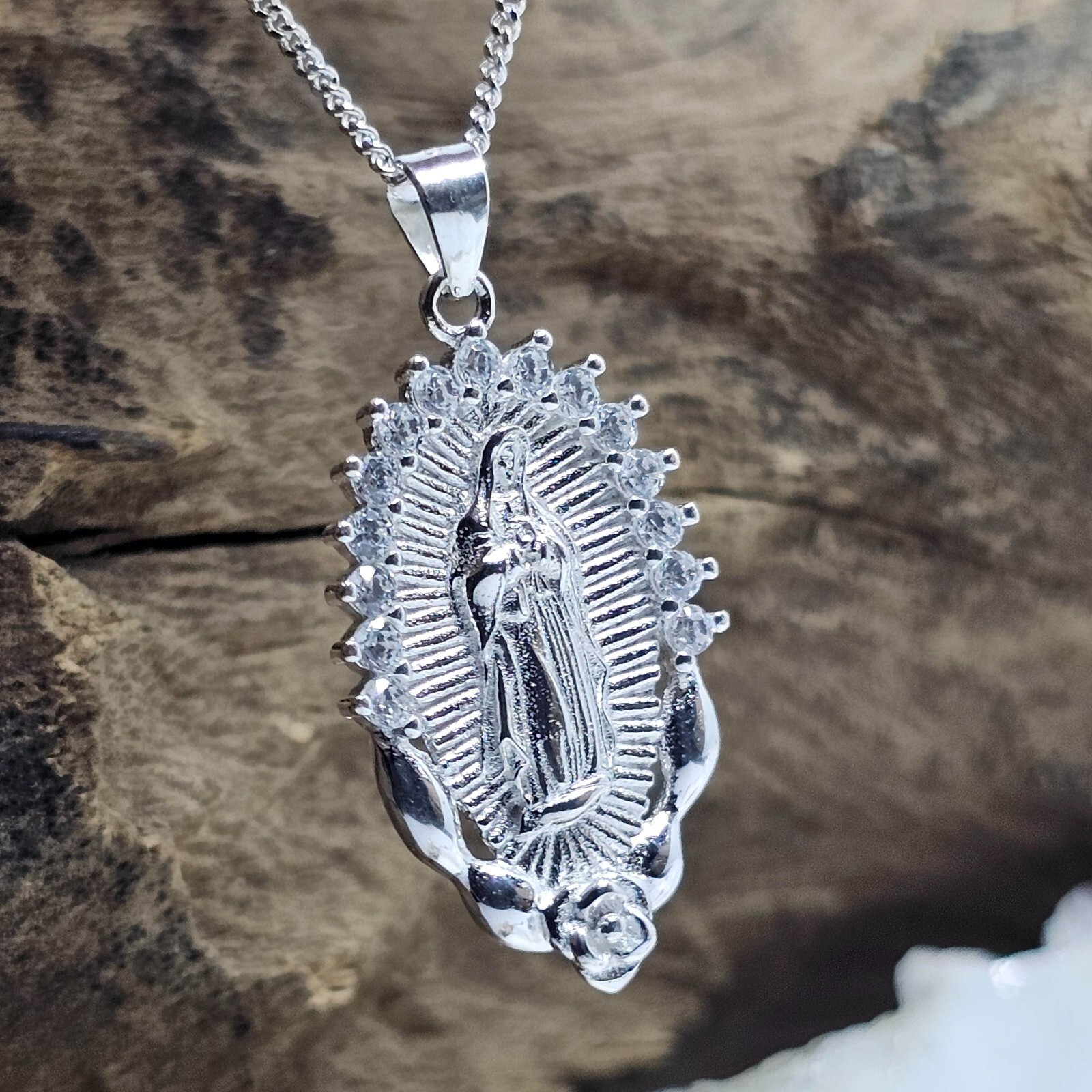 Madonna Virgin Mary Pendant Necklace Gemstones 925 Silver Jewellery And Boxed