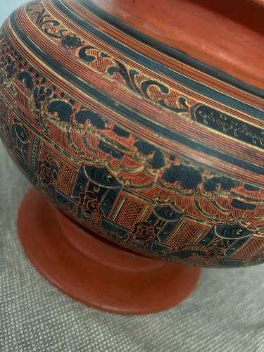 Antique Burmese 3 Piece Lacquer Temple Offering Bowl Stand Rich Orange & Black - Picture 8 of 11