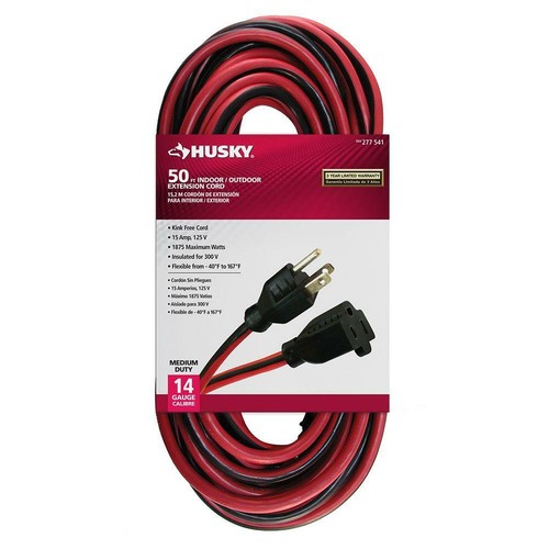 Husky 50-Feet 14-Gauge Indoor/Outdoor Extension Cord with Black Plug, Red with
