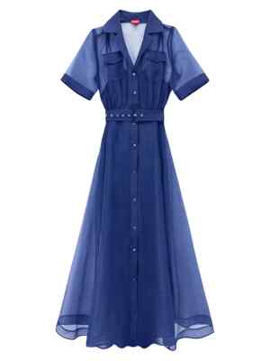 STAUD NAVY BLUE Millie Sheer Organza midi MAXI SHIRT DRESS 2 PIECE BELTED 6  | eBay