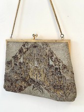 Vtg 1930s French Micro Beaded Handbag, Art Deco Gold  Silver Beads, Chain Strap