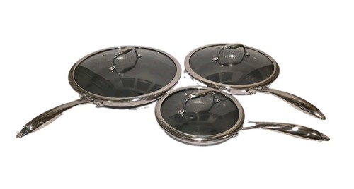 HexClad 3 Piece Hybrid Fry Pan Set 8" 10" 12" With Lids