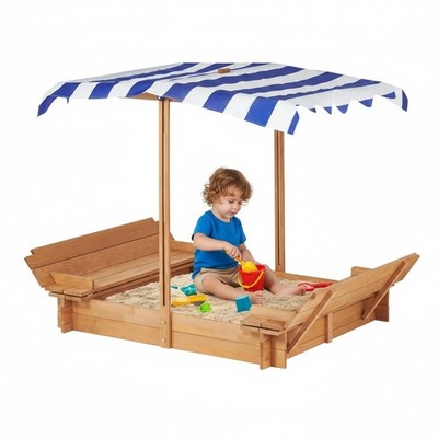 46'' Wooden Kids Sandbox with Adjustable Canopy & 2 Foldable Bench Seats