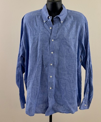 Brooks Brothers 100 % Leinen Herren Large blau Langarm Button-Down Hemd EXC