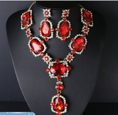 JEWELRY SET-RED Rhinestone Inlaid Luxury Elegant Earrings and Necklace