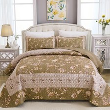 Floral Quilt Set Queen Size, 3PCs Antique Rose Brown Quilt Coverlet Set, Ligh...