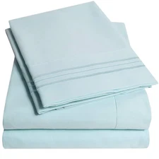 Light Blue Fitted Sheet Set With Elastic Corner Straps Soft Microfiber Bedding