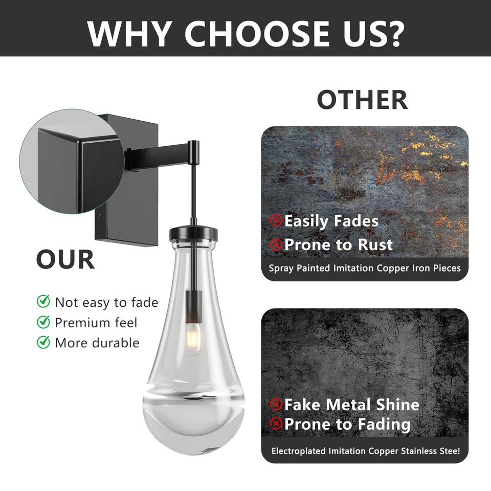 2 Pack LED Modern Wall Light Black Raindrop Clear Glass indoor Sconce Fixture UL - Image 4 of 4