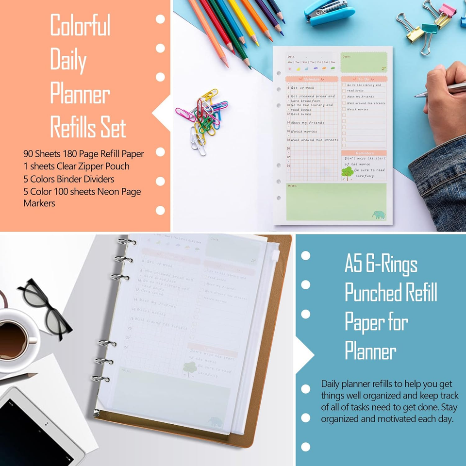 A5 Planner Inserts Daily Refills, 90 Pages Colorful 6Ring Looseleaf