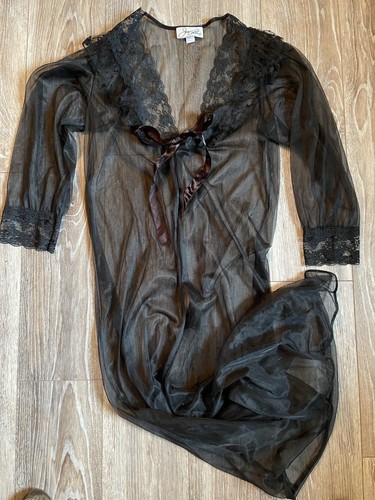 VTG Joan Collins CHIFFON Lace Negligee Black SHEER Full Length M INTIMATE Robe - Picture 10 of 10