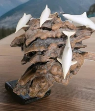 Vintage JOHN PERRY Sculpture Pod Of 4 Dolphins On Burl Wood Missing Dolphins