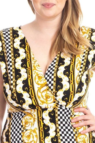Abito BodyCon Scollo V Stampa Bordi Taglie Forti Multicolore Taglia 3X Nuovo - Foto 3 di 4